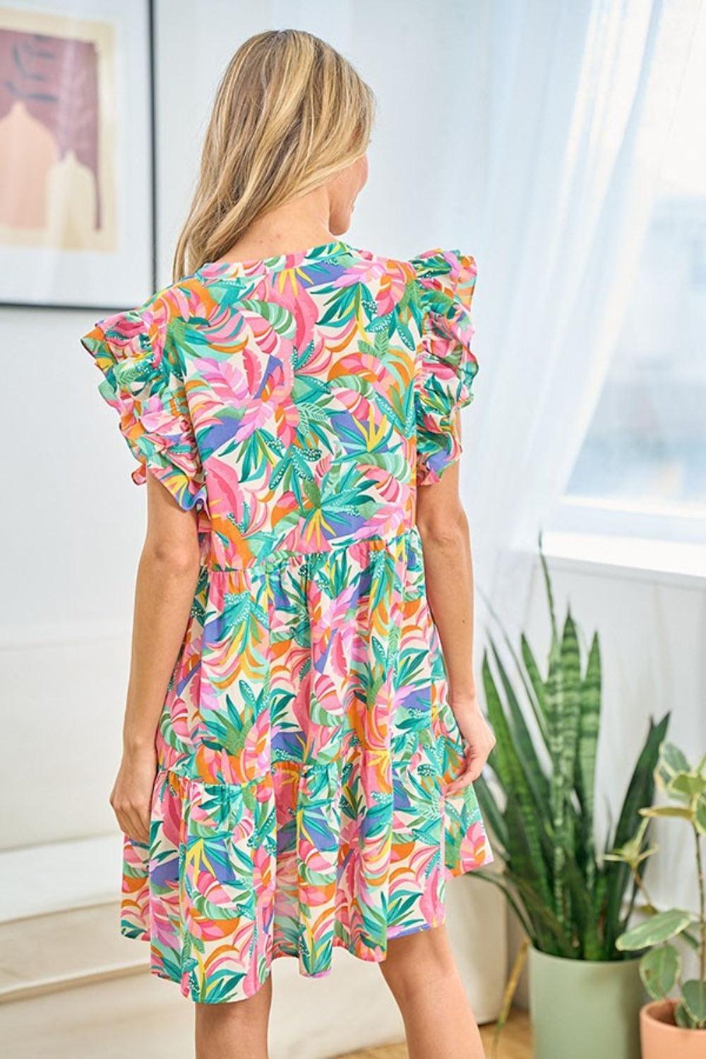 First Love Ruffled Printed Notched Cap Sleeve Dress   