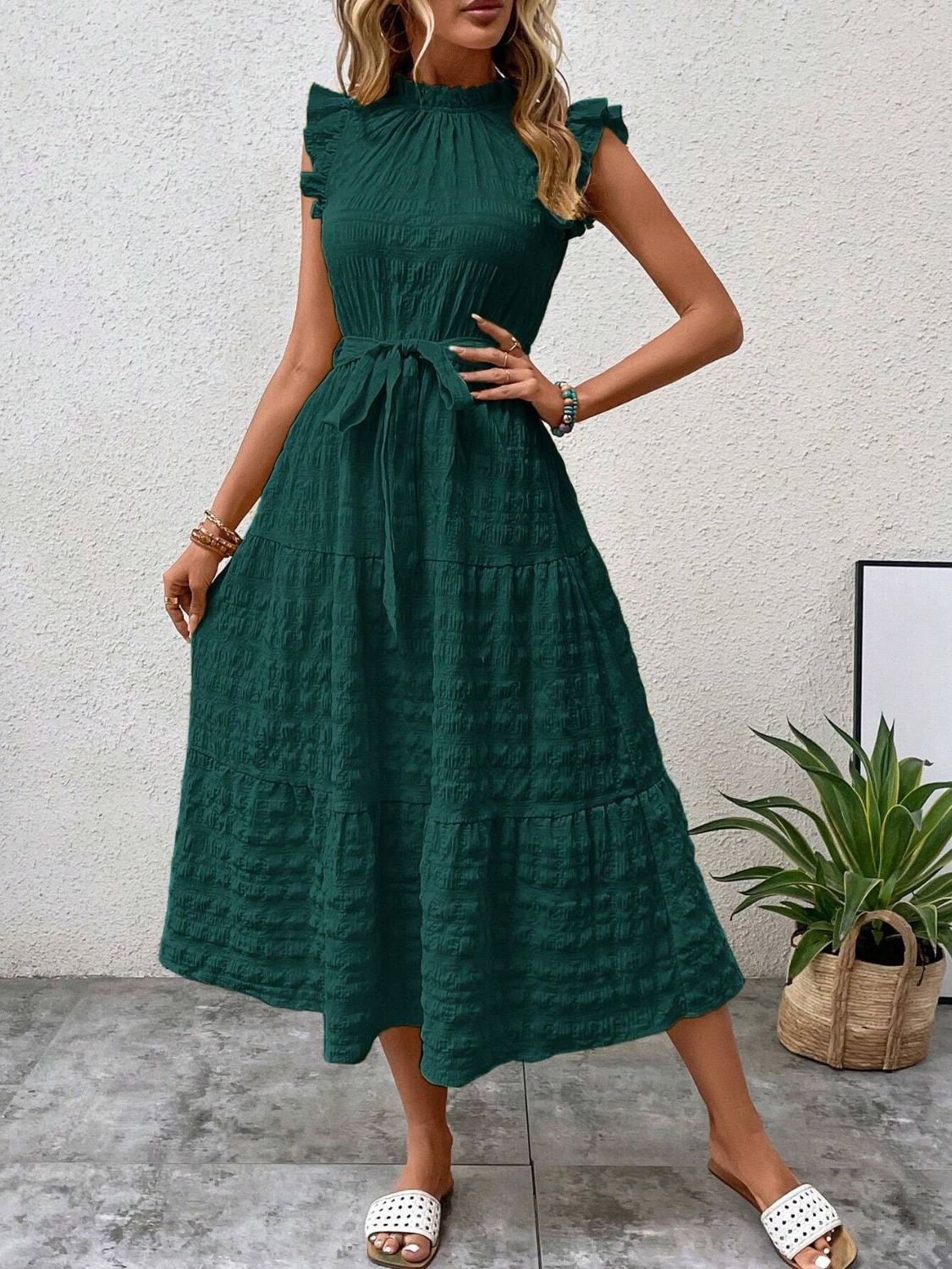 Tied Ruffled Cap Sleeve Midi Dress   