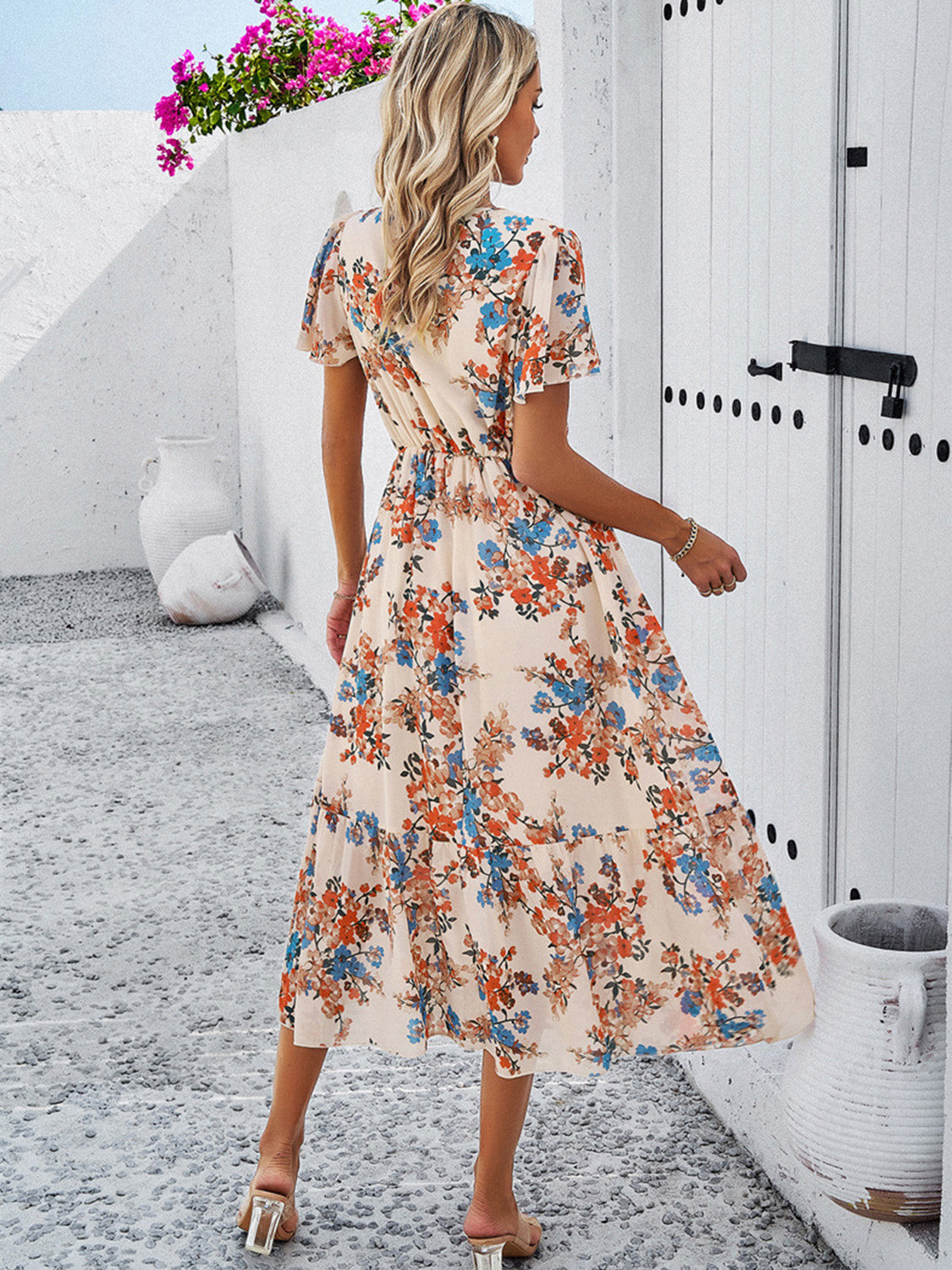 Printed V-Neck Flutter Sleeve Midi Dress   