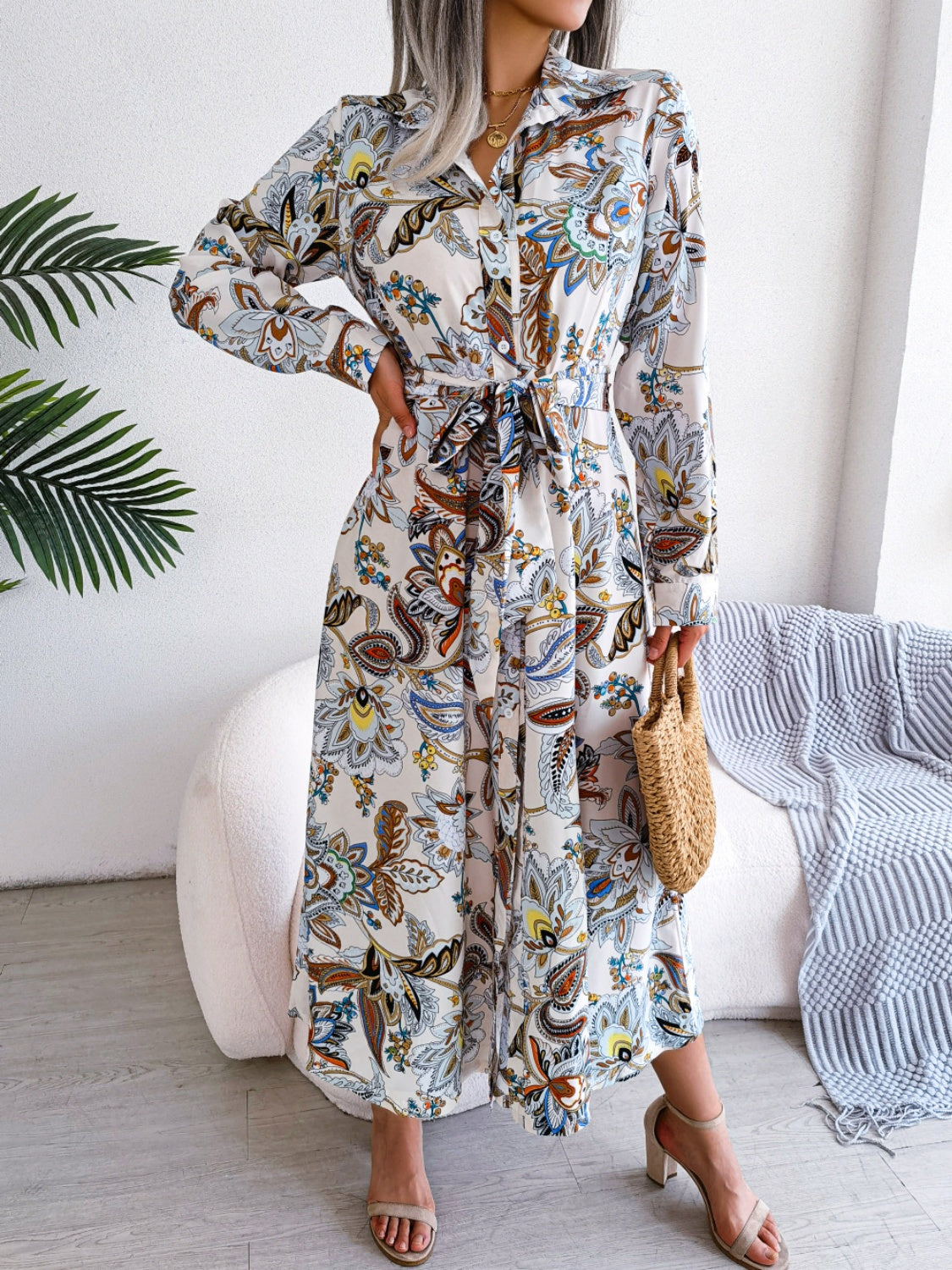 Tied Printed Long Sleeve Midi Dress   