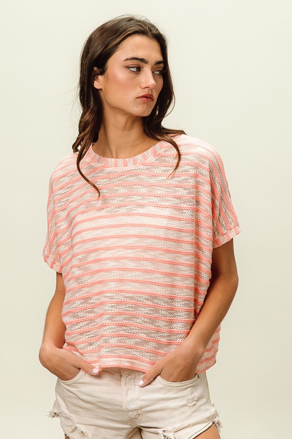 BiBi Braid Striped Short Sleeve Round Neck T-Shirt   