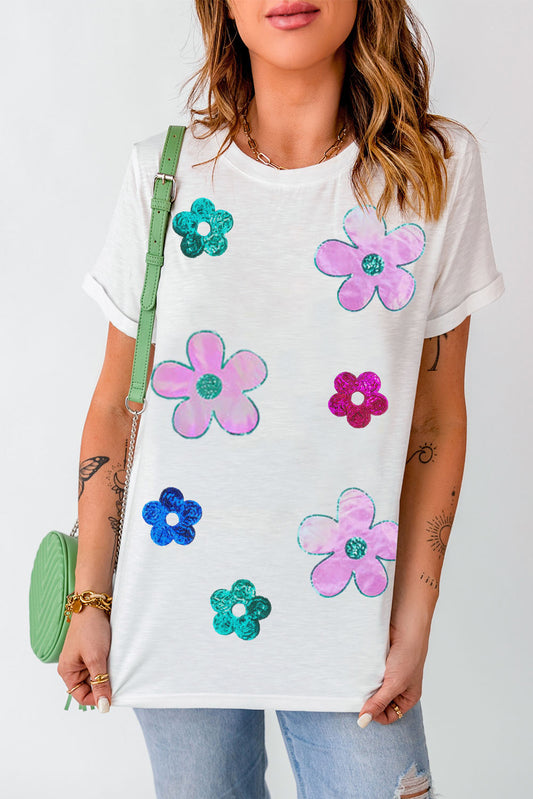 STUNNLY  Flower Round Neck Short Sleeve T-Shirt White S 