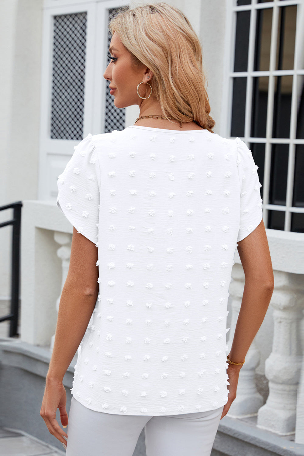 STUNNLY  Swiss Dot Round Neck Petal Sleeve Blouse   