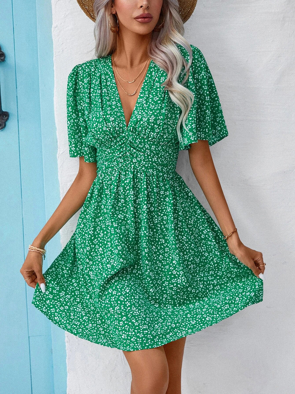 Printed V-Neck Half Sleeve Mini Dress Green S 