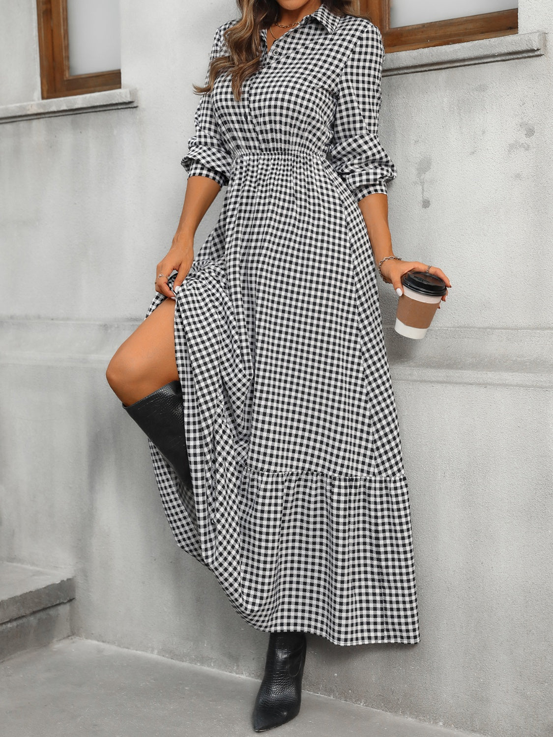 Ruffle Hem Plaid Long Sleeve Dress   