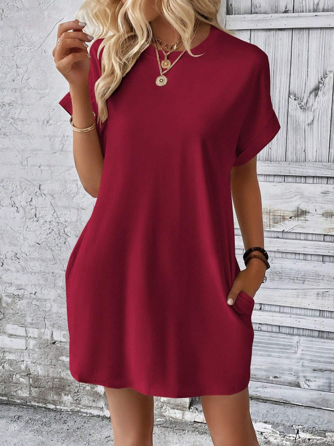 Round Neck Short Sleeve Mini Dress   