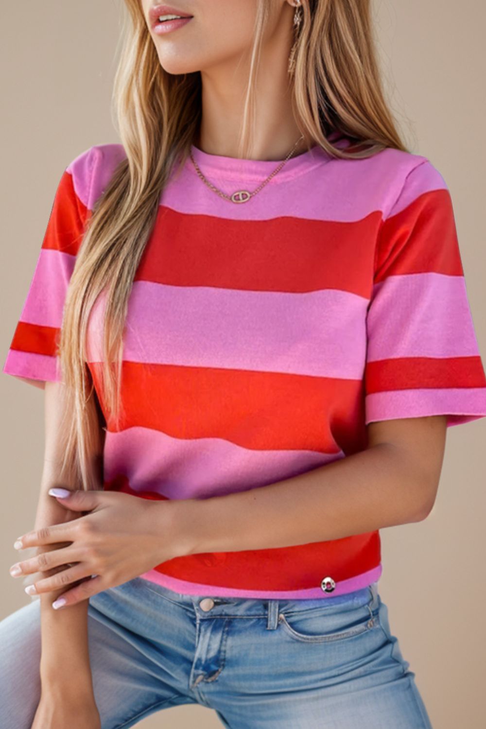 STUNNLY  Color Block Round Neck Short Sleeve T-Shirt   