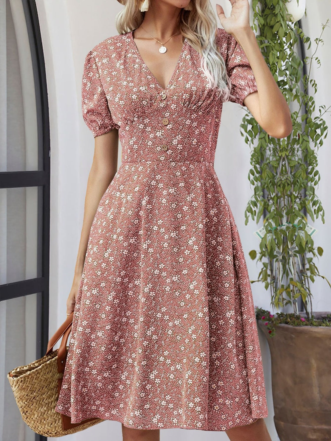 Printed V-Neck Short Sleeve Dress Dusty Pink S 