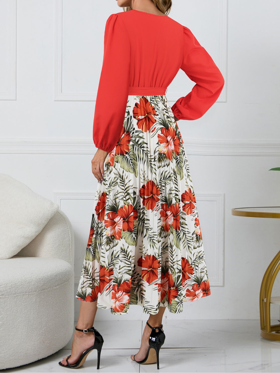 Pleated Printed Surplice Long Sleeve Dress   