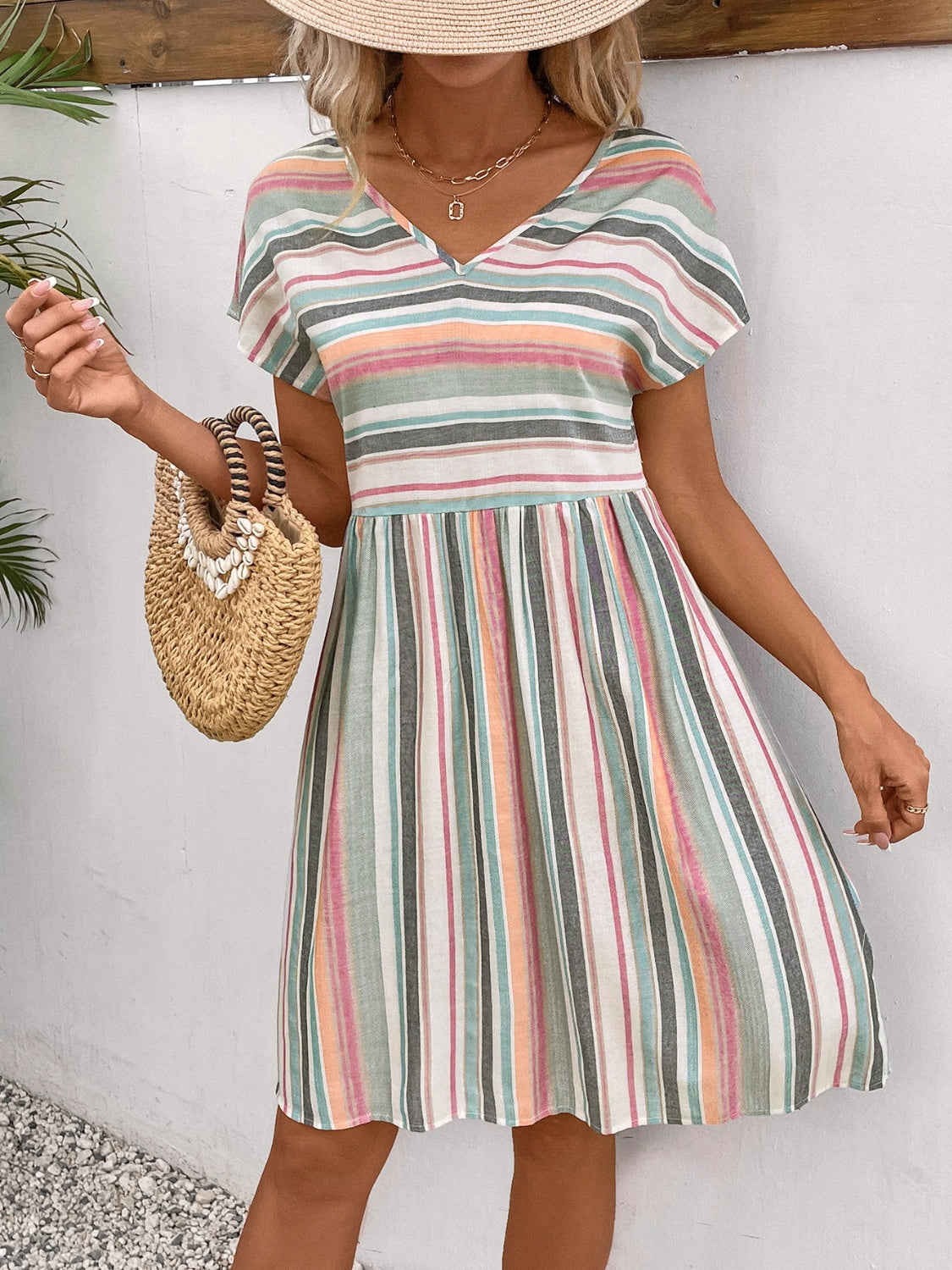 Striped V-Neck Short Sleeve Dress   