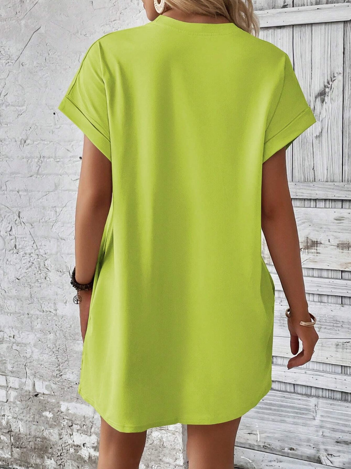 Round Neck Short Sleeve Mini Dress Neon Green S 