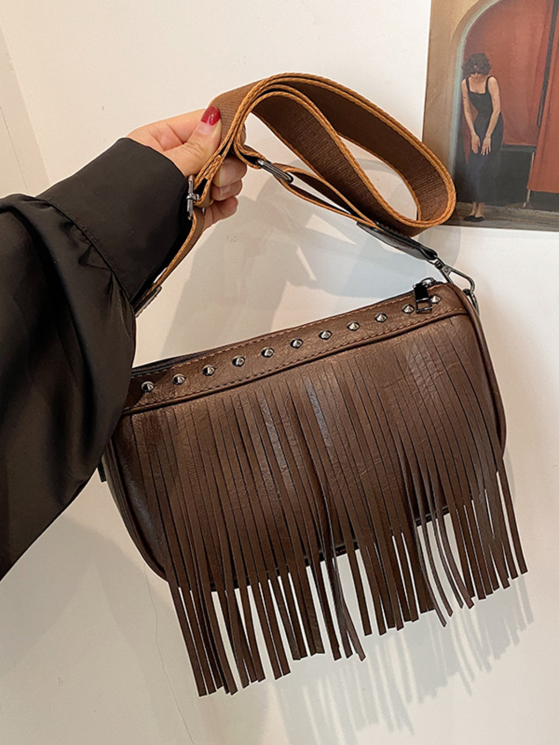 PU Leather Fringe Studded Crossbody Bag   