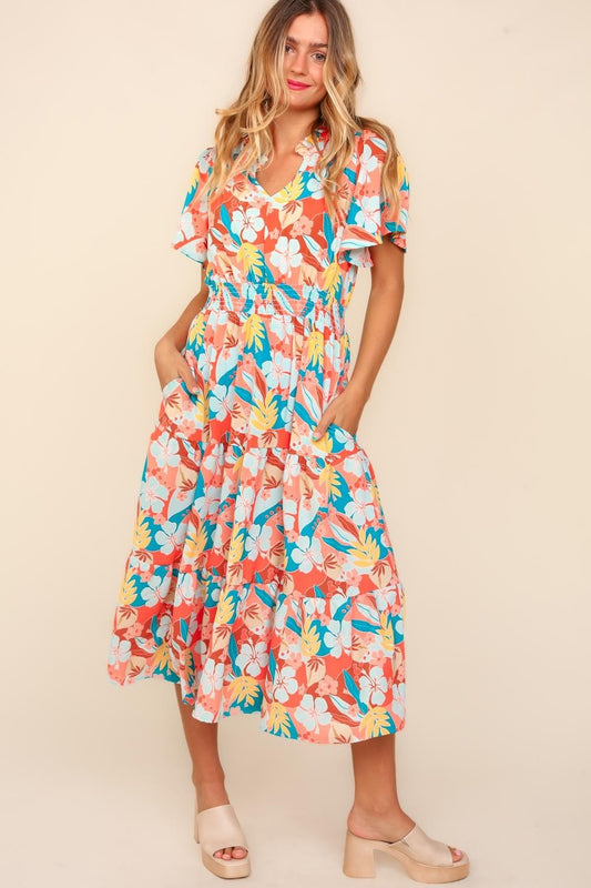 Haptics Full Size Tropical Floral Tiered Dress with Side Pockets Coral/Teal/Light Blue S 