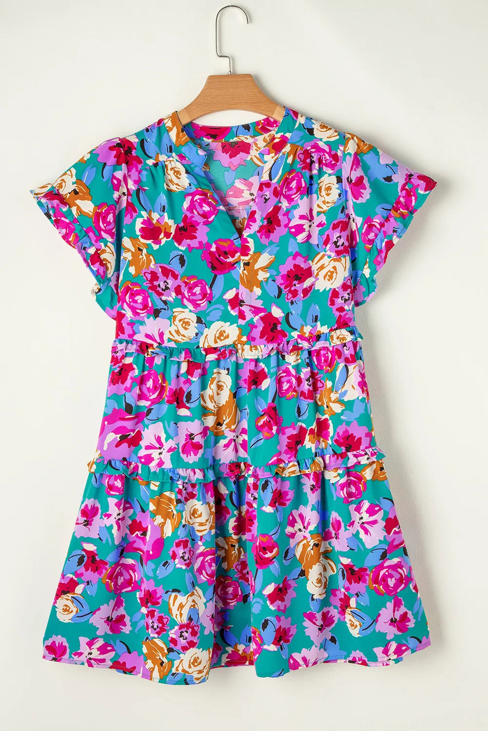 Ruffled Printed Notched Short Sleeve Mini Dress   