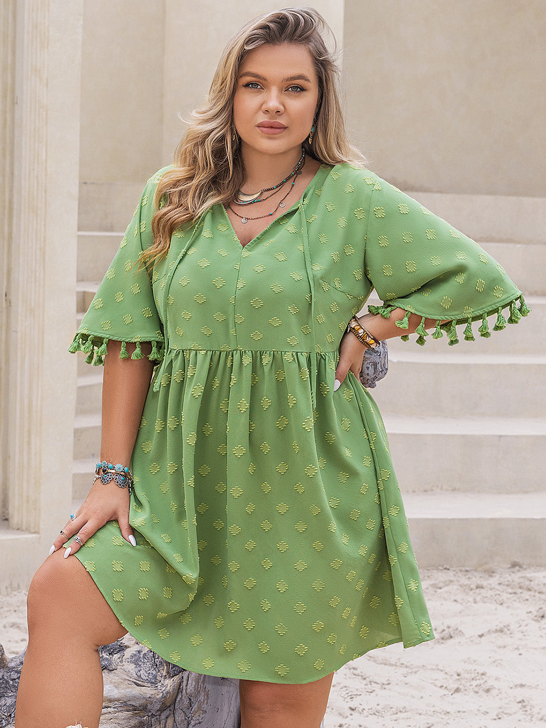 Plus Size Tied Tassel Half Sleeve Mini Dress Lime 0XL 