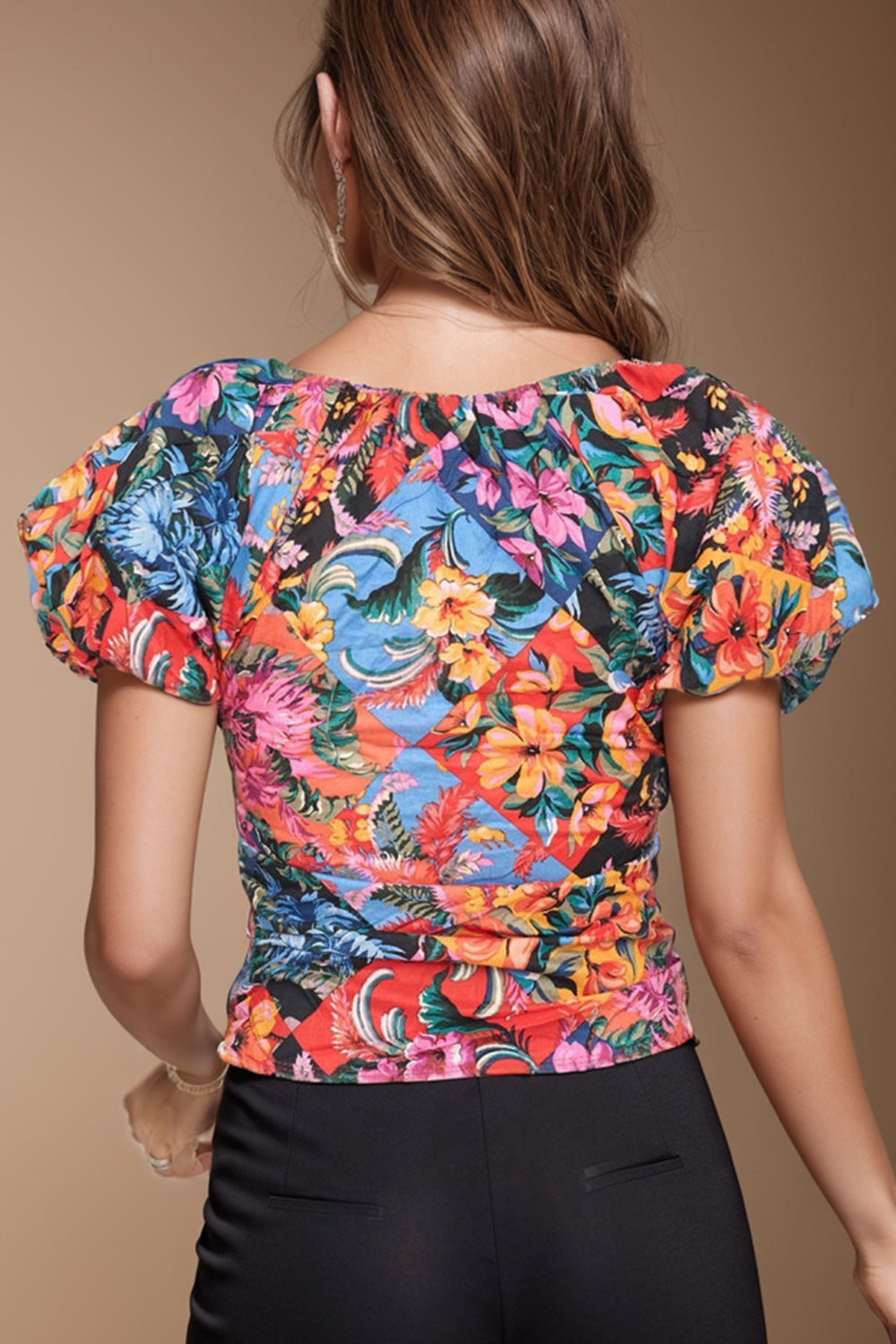 STUNNLY  Ruched Printed V-Neck Short Sleeve Blouse   