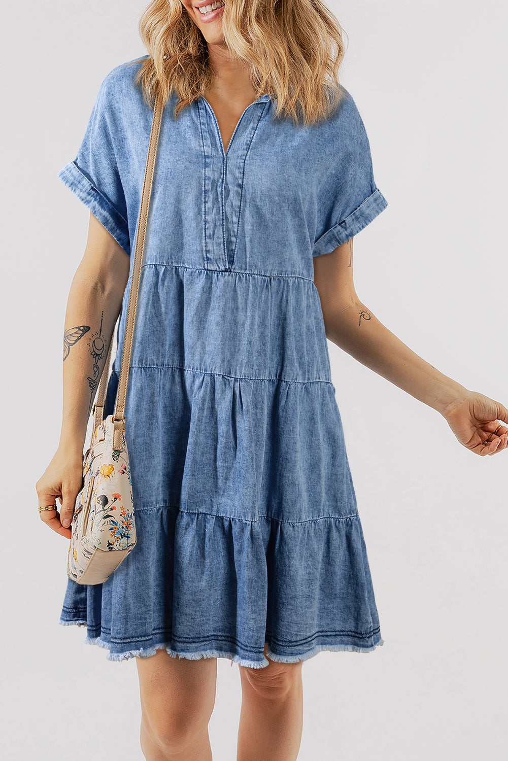 Raw Hem Collared Neck Short Sleeve Denim Dress Medium S 