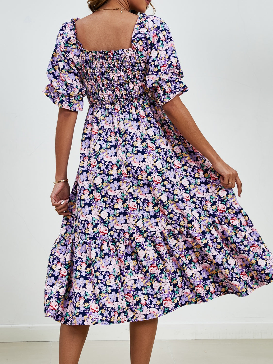 Smocked Floral Square Neck Short Sleeve Dress   