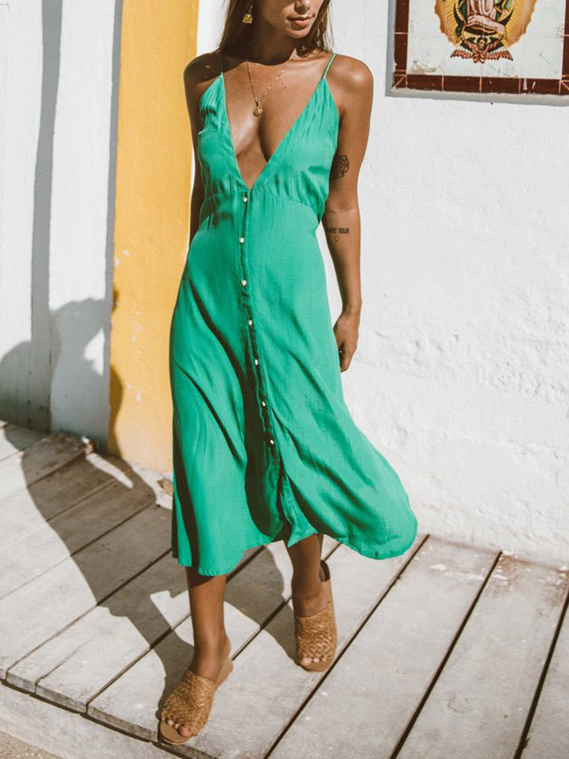 Buttoned Plunge Midi Cami Dress Green S 