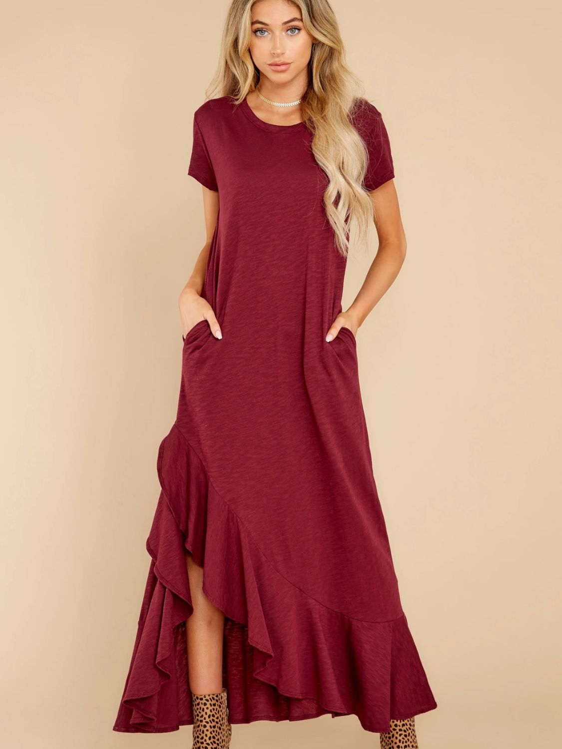 Slit Round Neck Short Sleeve Maxi Dress   