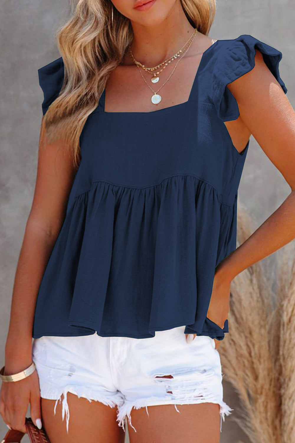 STUNNLY  Full Size Ruffled Square Neck Cap Sleeve Blouse Navy S 