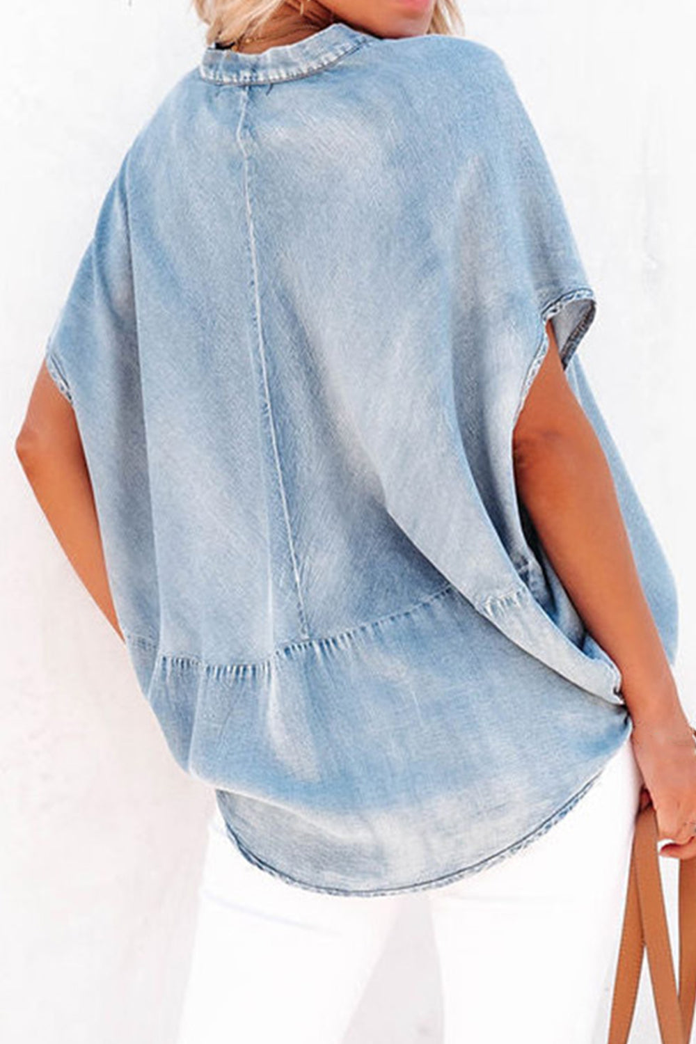 STUNNLY  Notched Short Sleeve Denim Top   