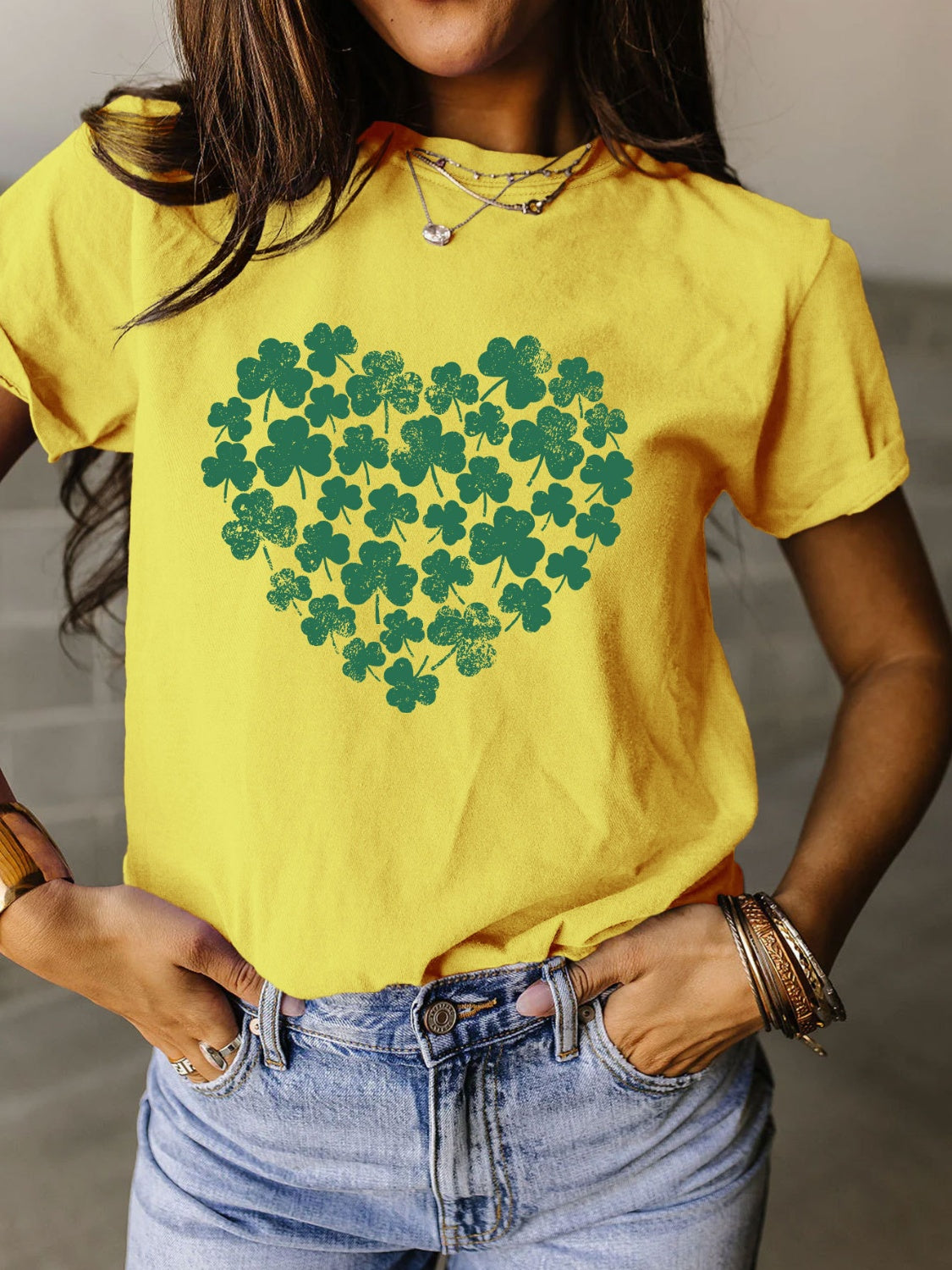 STUNNLY  Full Size Lucky Clover Round Neck Short Sleeve T-Shirt Canary Yellow S 