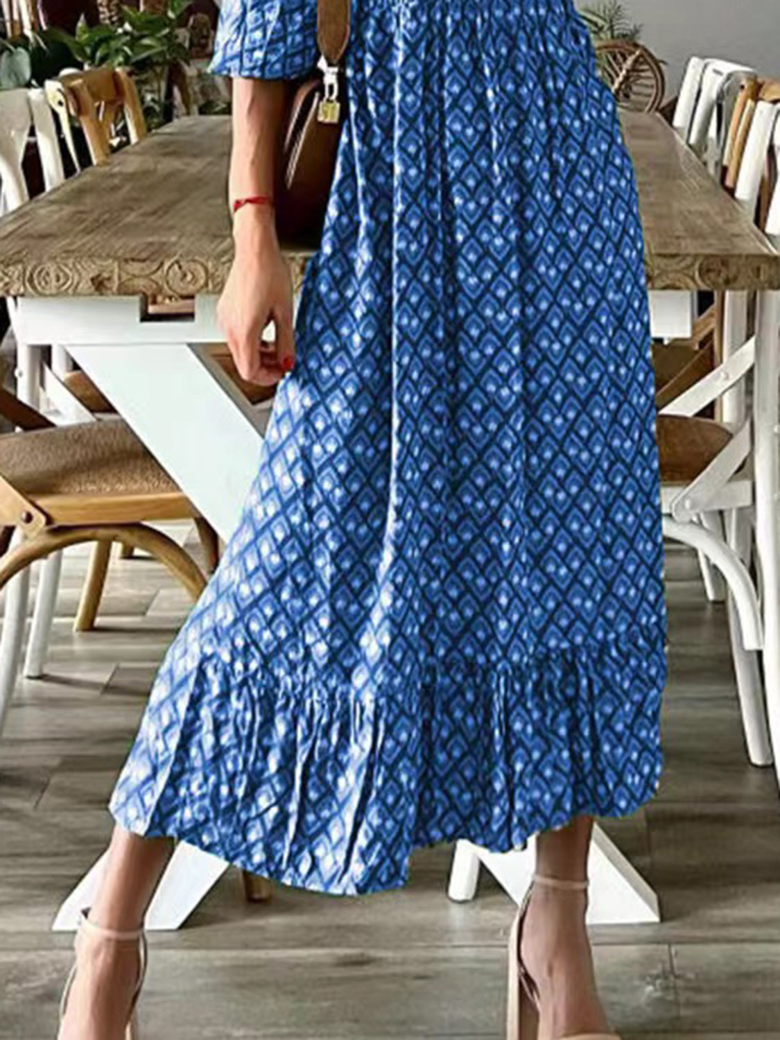 Smocked Printed V-Neck Midi Dress   