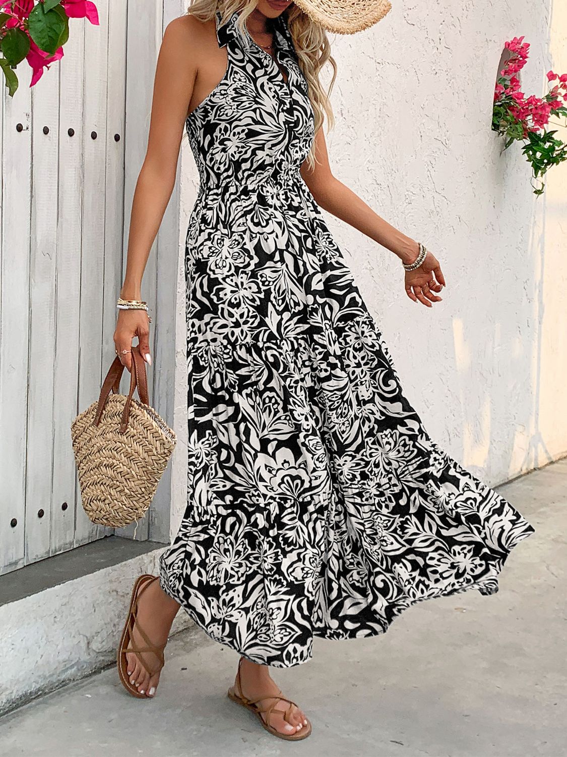 Backless Smocked Printed Sleeveless Midi Dress   