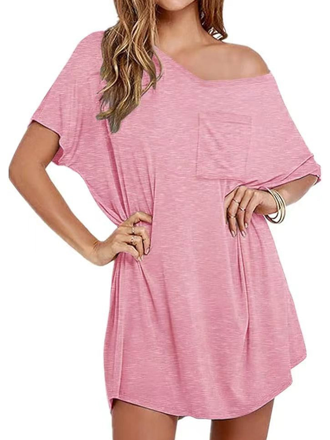 Pocketed V-Neck Short Sleeve Tee Dress   