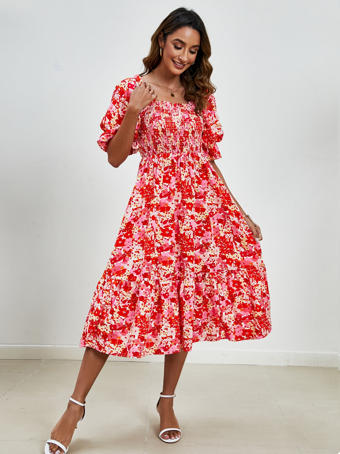 Smocked Floral Square Neck Short Sleeve Dress   