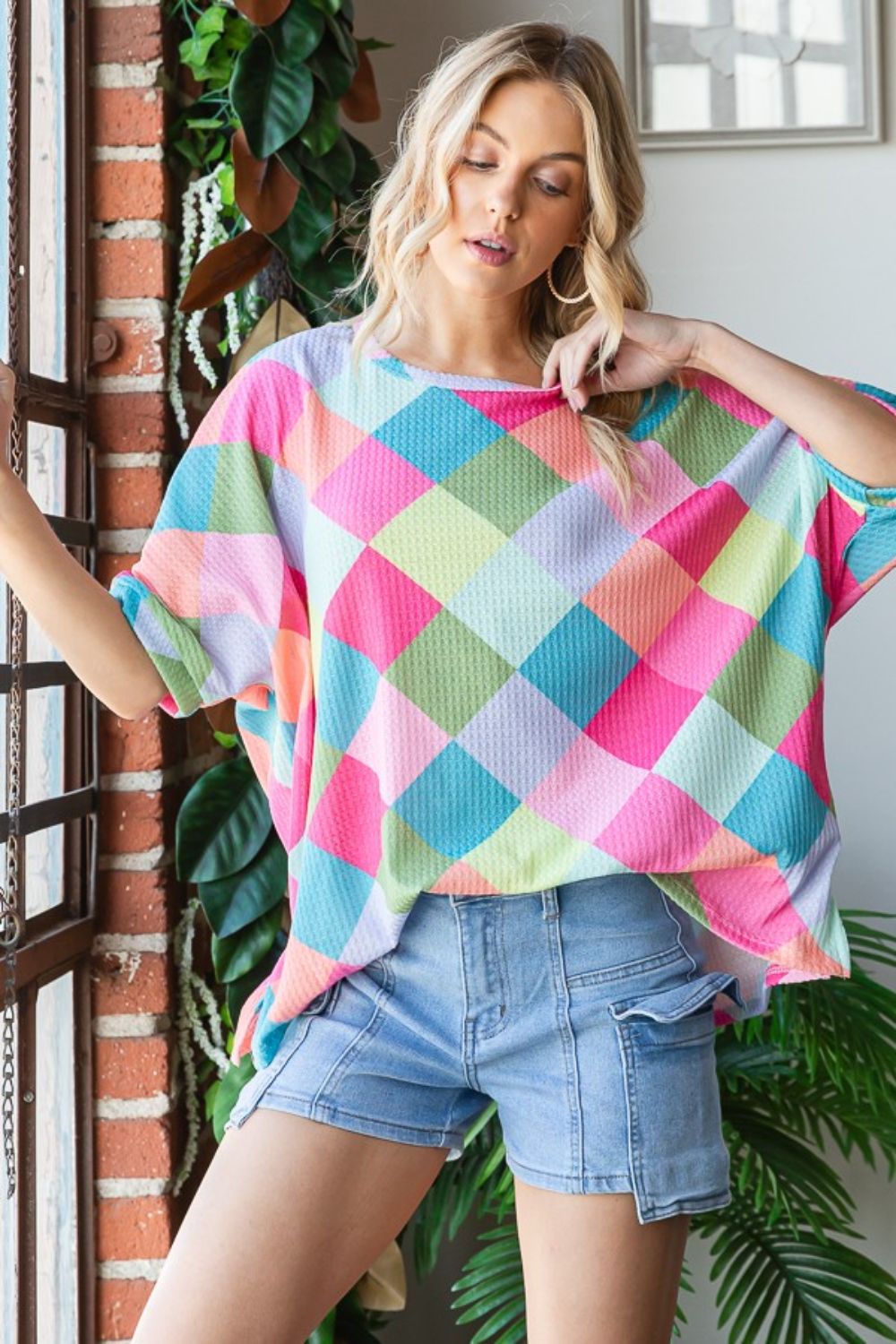 HOPELY Color Block Waffle Oversized T-Shirt   