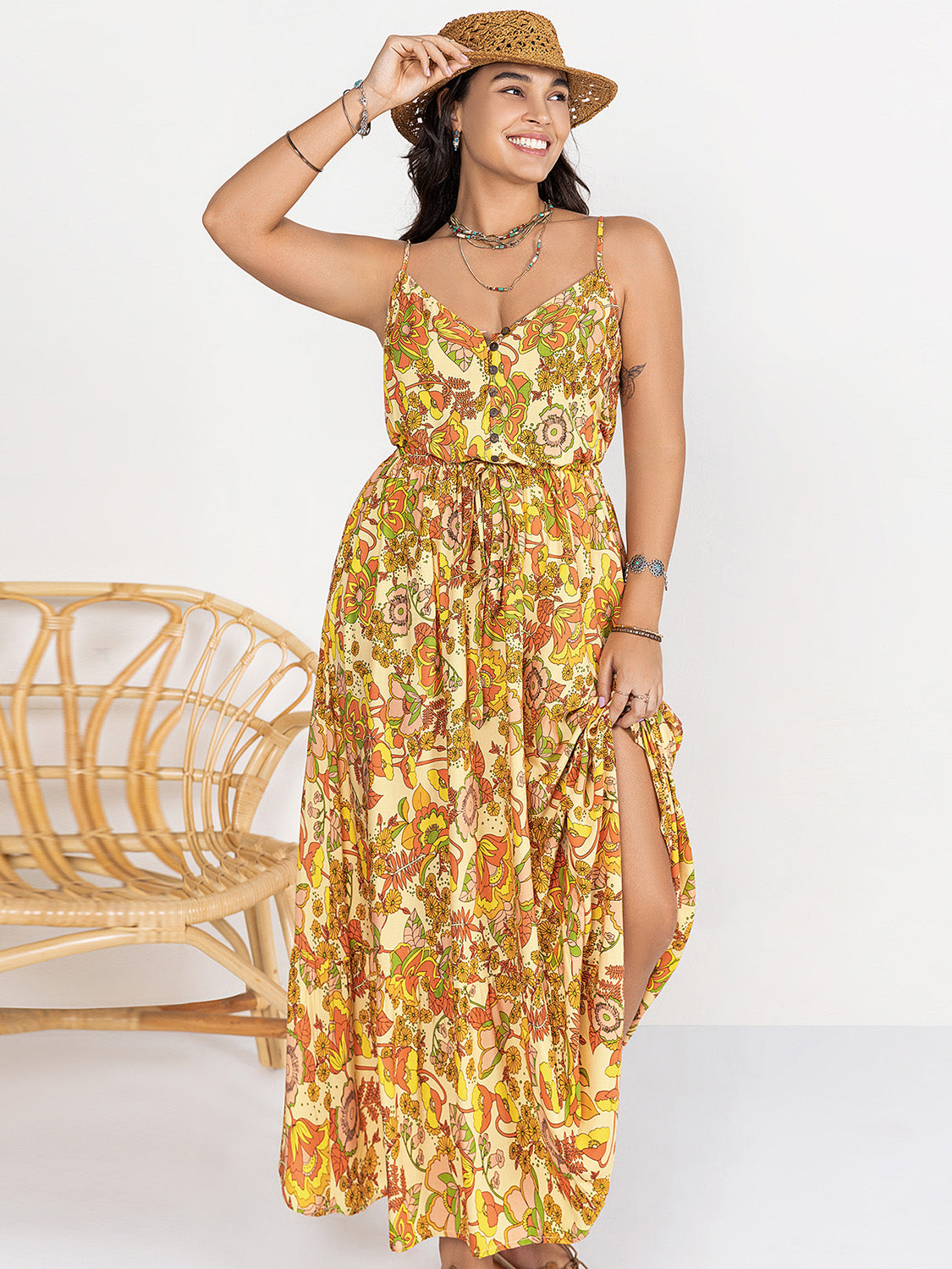 Plus Size Printed V-Neck Maxi Cami Dress Gold 0XL 