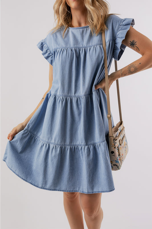 Ruffled Round Neck Cap Sleeve Denim Dress Medium S 