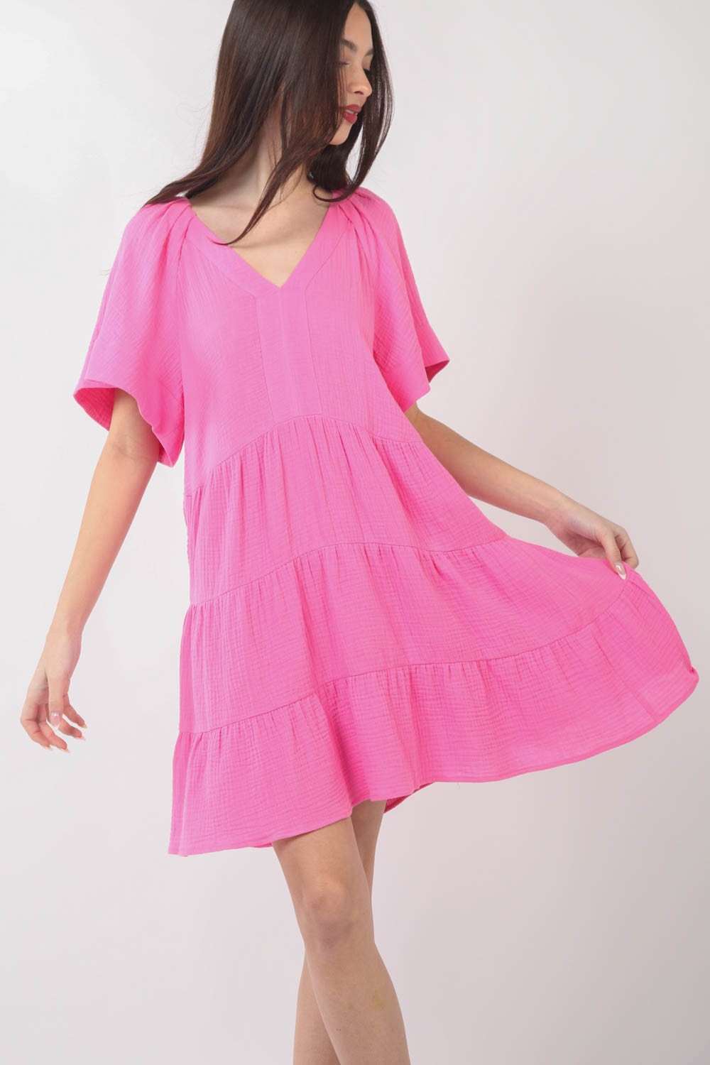 VERY J Texture V-Neck Ruffled Tiered Dress   