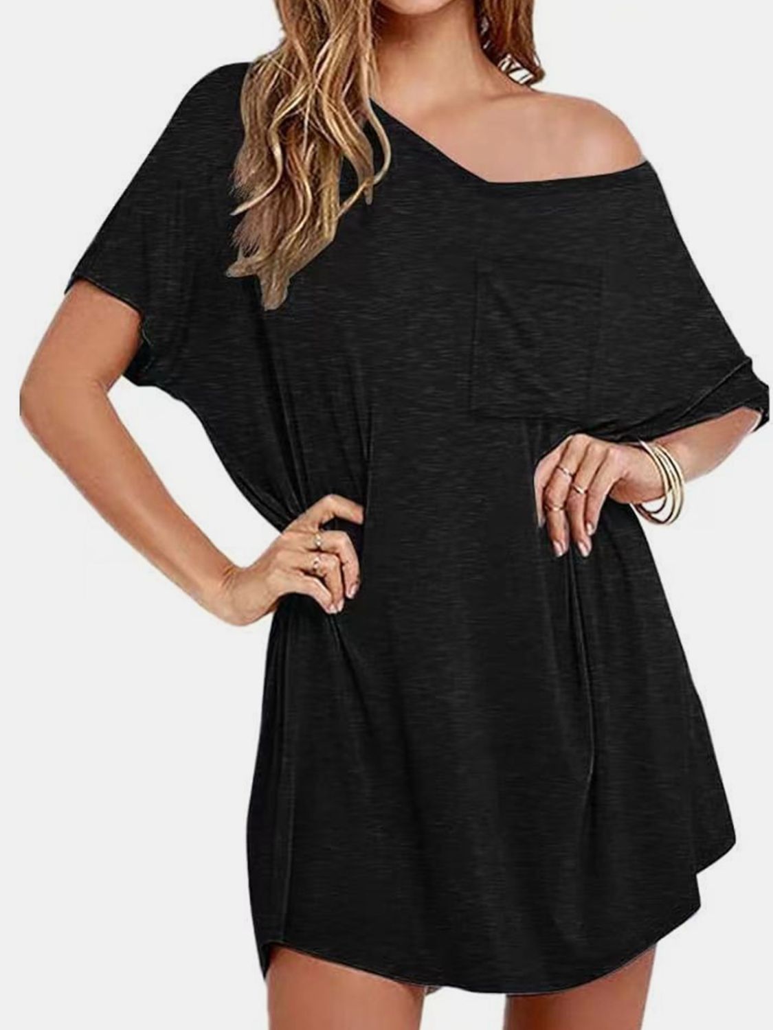 Pocketed V-Neck Short Sleeve Tee Dress   