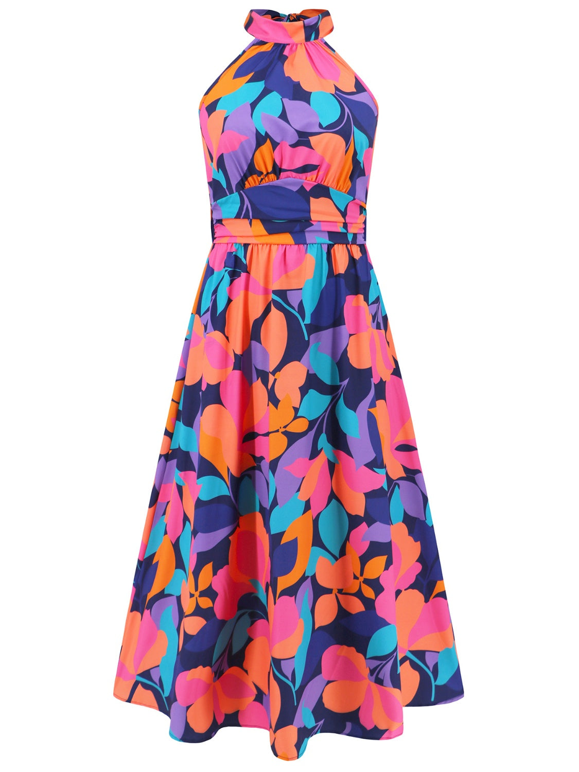 Ruched Printed Halter Neck Sleeveless Dress   