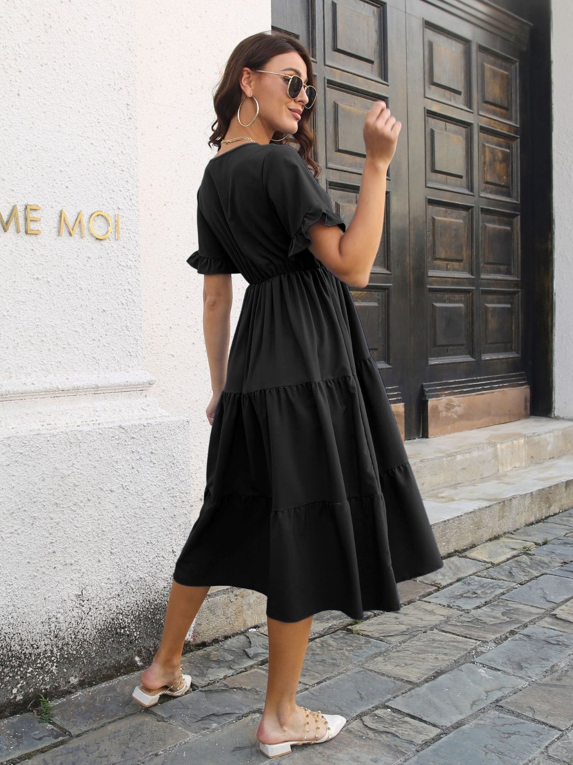 V-Neck Short Sleeve Midi Dress   