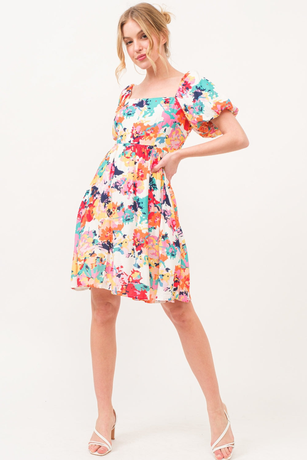 And The Why Square Neck Puff Sleeve Floral Dress   