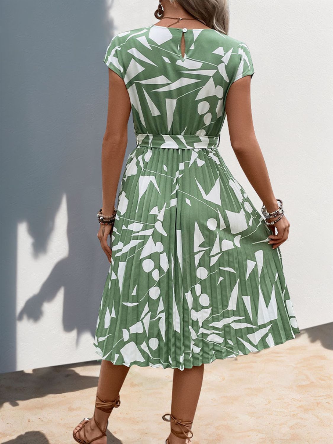 Tied Pleated Printed Cap Sleeve Dress   