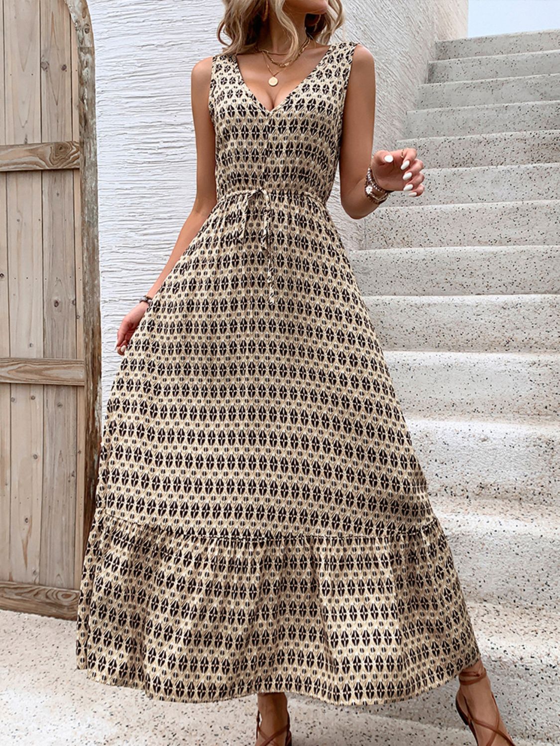 Printed V-Neck Tie Waist Midi Dress   