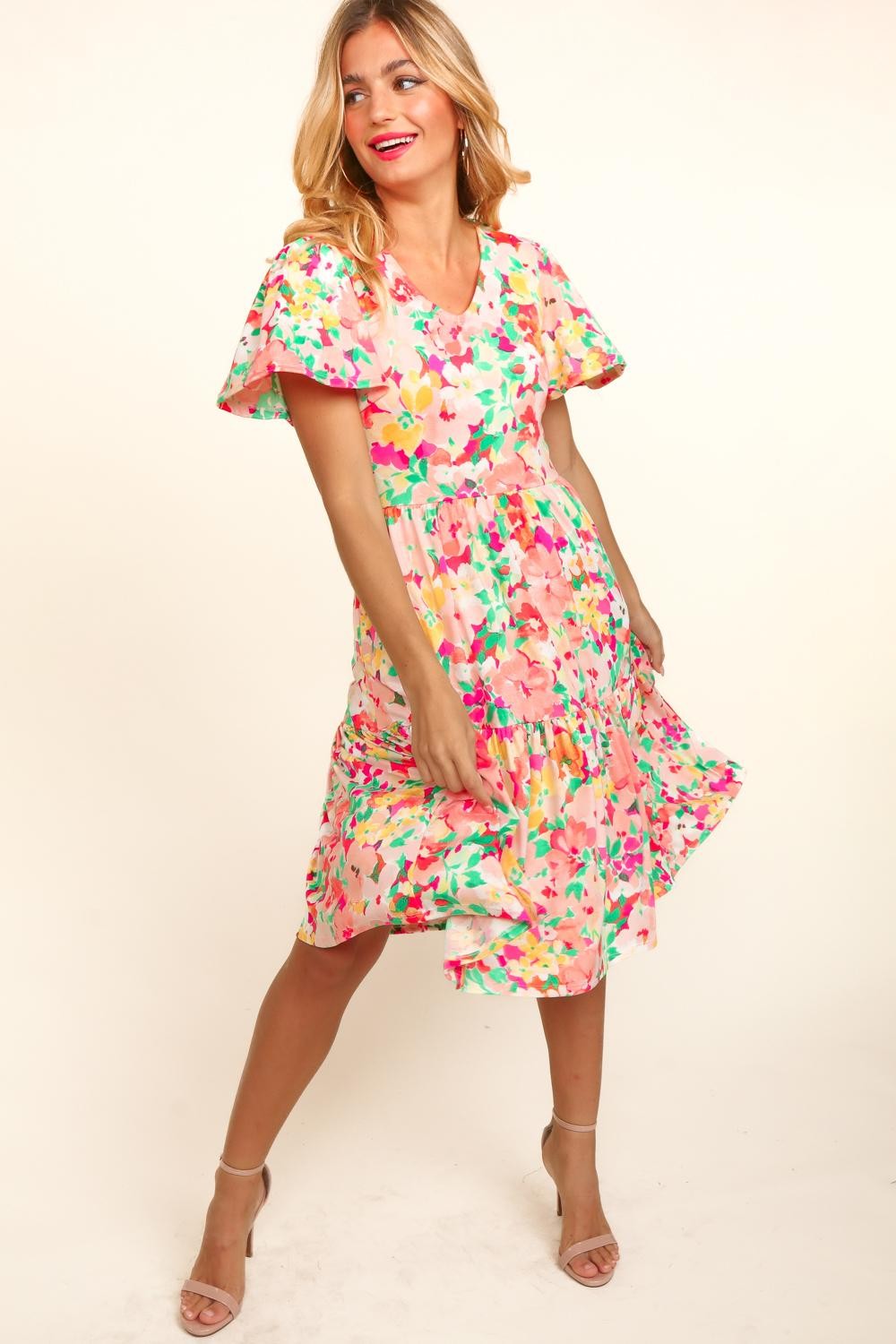 Haptics Tiered Floral Midi Dress with Pockets   