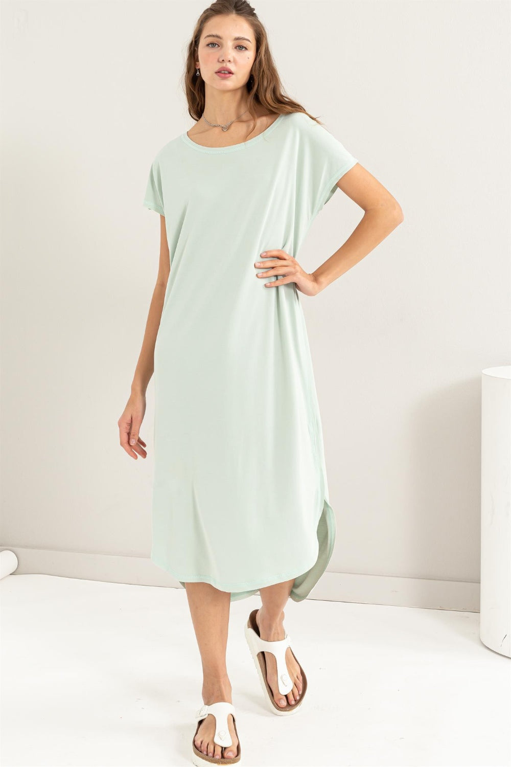 HYFVE Short Sleeve High-Low Slit Midi Dress   