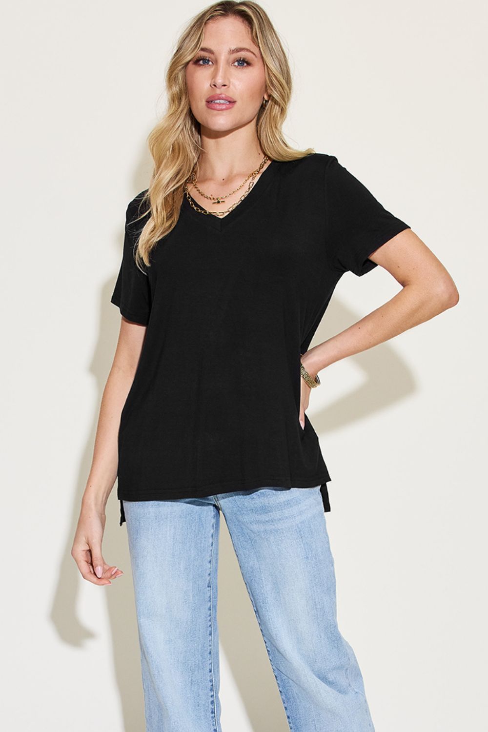 STUNNLY  Basic Bae Full Size V-Neck High-Low T-Shirt   