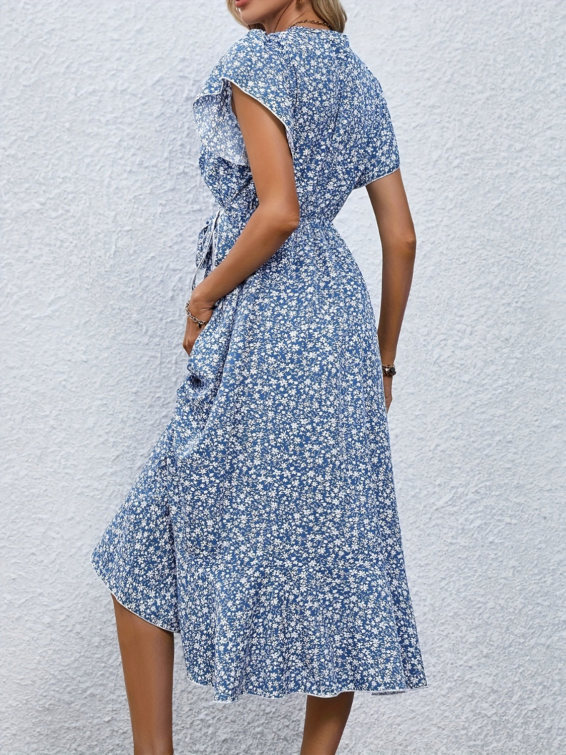 Printed Surplice Flutter Sleeve Midi Dress   