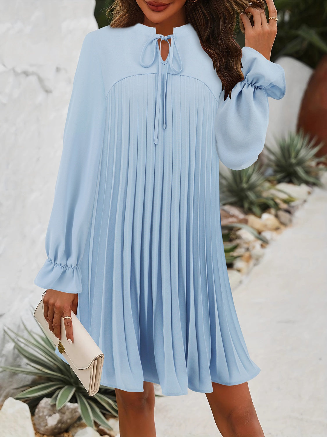 Tie Neck Flounce Sleeve Mini Dress   