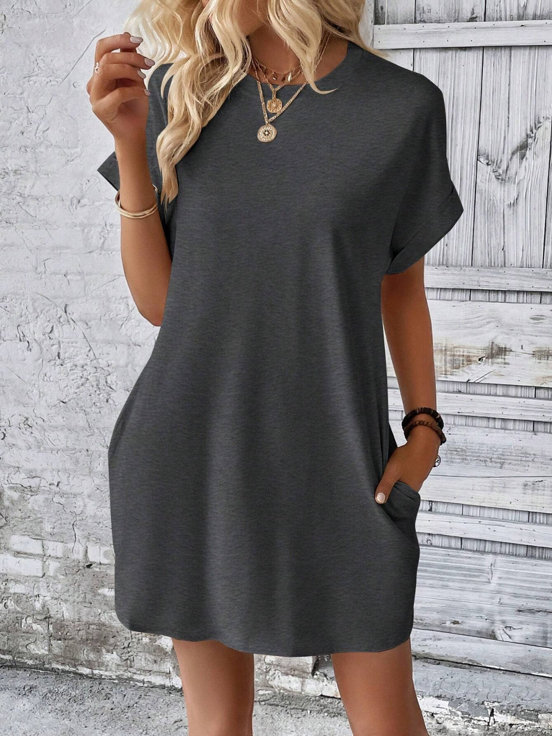 Round Neck Short Sleeve Mini Dress Dark Gray S 