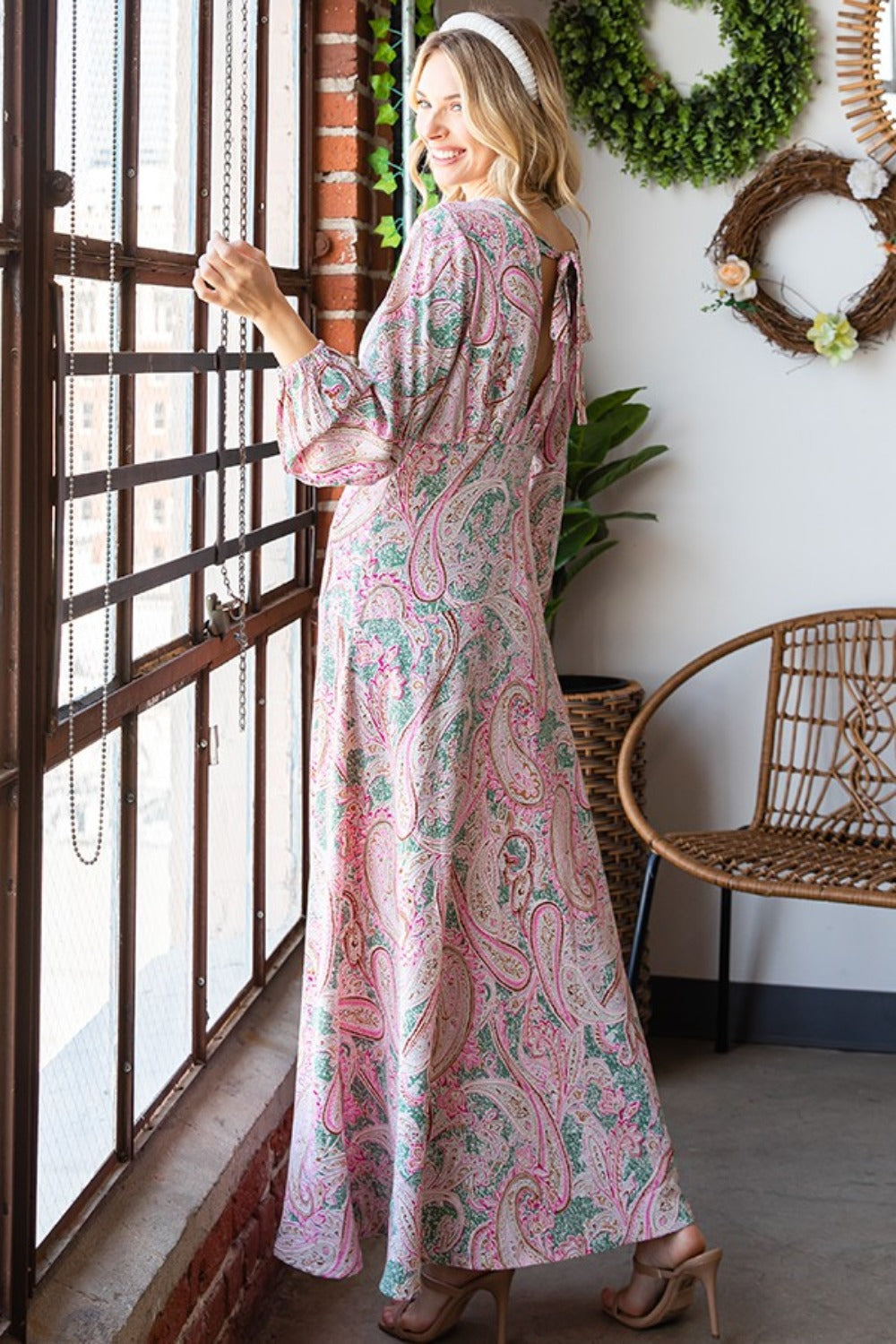 First Love Paisley Print Tie-Back Long Sleeve Maxi Dress   