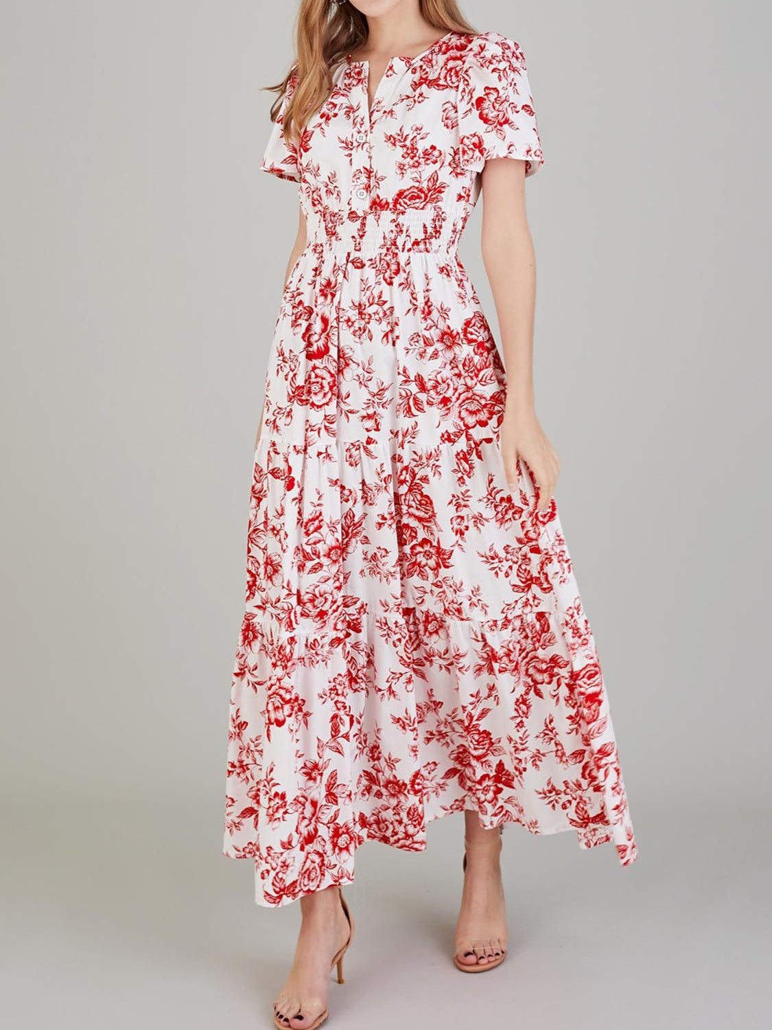 Tiered Floral Notched Short Sleeve Dress   