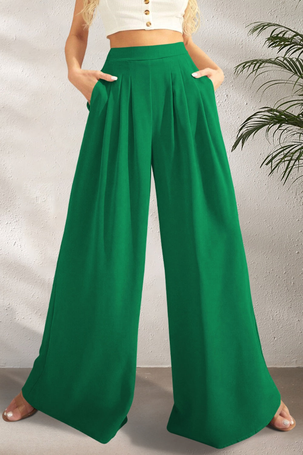 STUNNLY  Pocketed High Waist Wide Leg Pants Mid Green S 